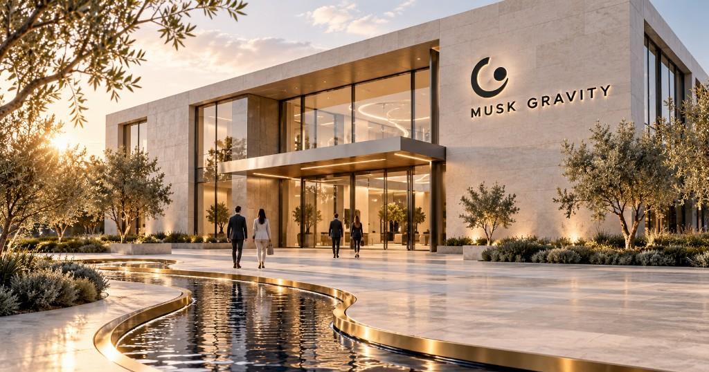 Fictional Musk Gravity campus concept at sunset