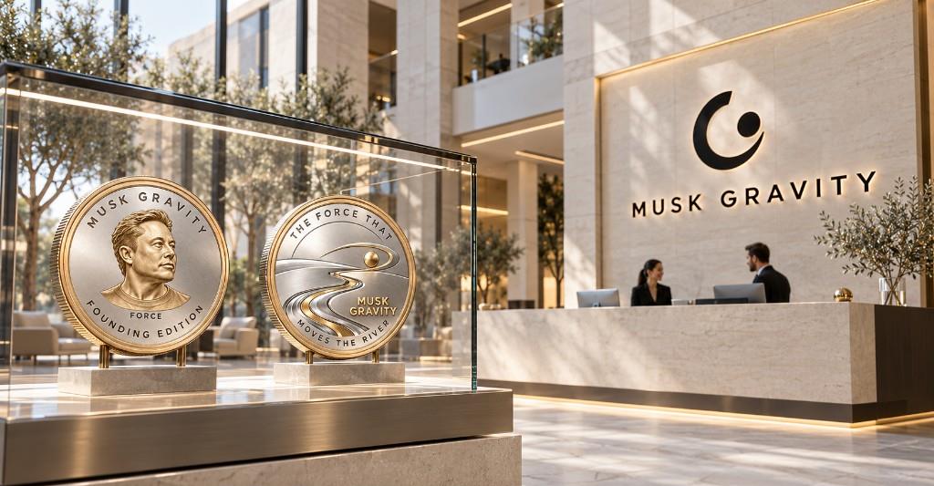 Fictional Musk Gravity lobby concept, with founding coins on display